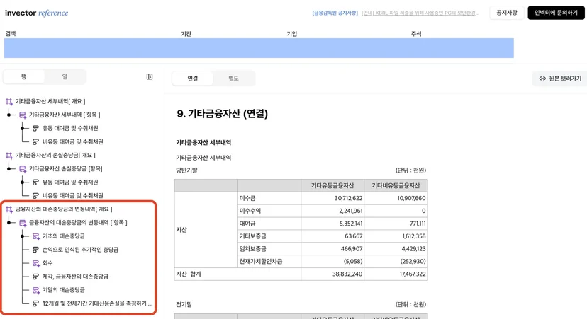 인벡터 Reference XBRL에서 주석 표의 Axis–Member–Line Items 구조를 한 화면에서 시각화해 보여주는 XBRL 뷰어 화면
