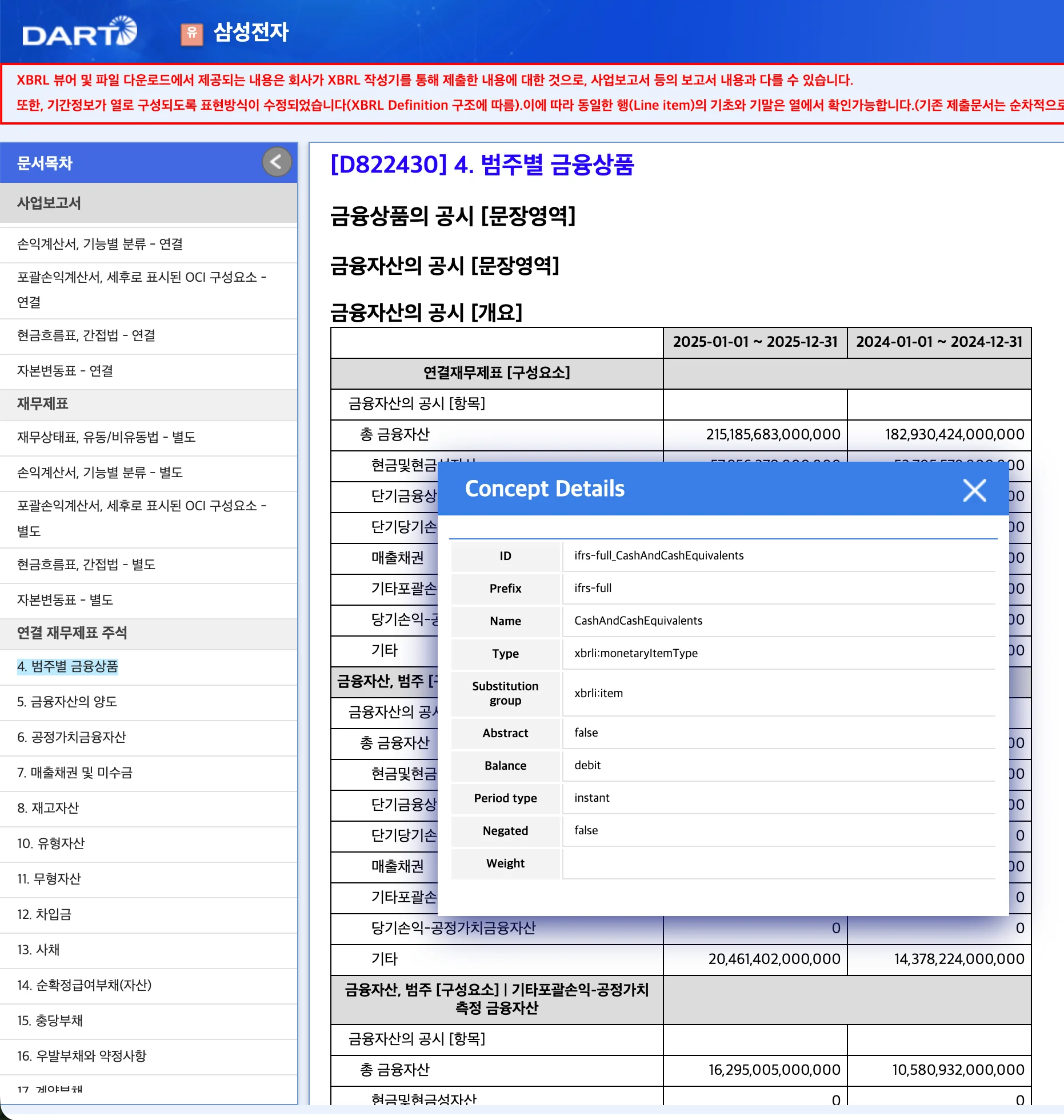 DART XBRL Viewer를 클릭했을 때 표시되는 XBRL 태깅 정보 화면 — 계정과목과 적용된 태그, 컨텍스트가 보이는 금감원 기본 XBRL 뷰어 화면
