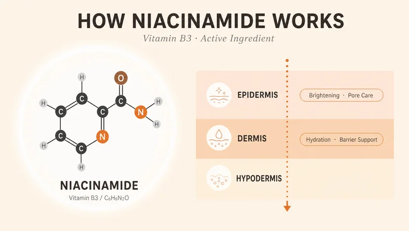 Infographic explaining how niacinamide (Vitamin B3, C6H6N2O) works on skin layers — targeting the epidermis for brightening and pore care, the dermis for hydration and barrier support, and the hypodermis