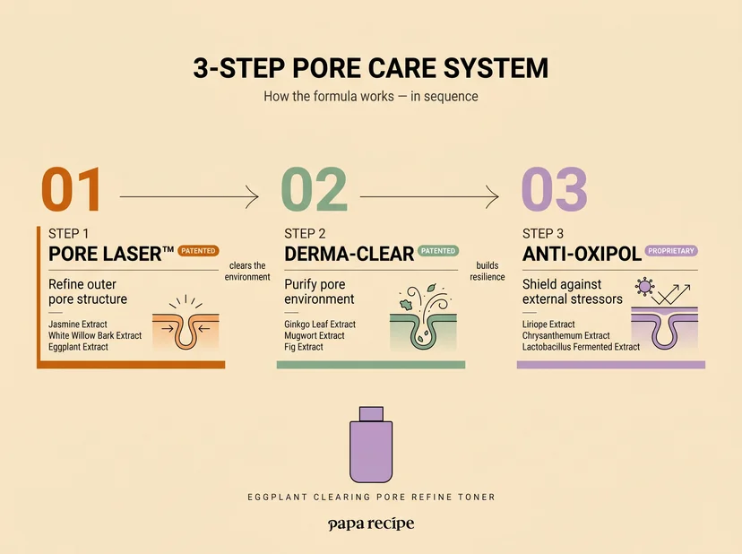 Papa Recipe infographic titled "3-Step Pore Care System — How the formula works in sequence" showing three sequential steps: Step 1 Pore Laser™ (patented, jasmine extract, white willow bark extract, eggplant extract) to refine outer pore structure; Step 2 Derma-Clear (patented, ginkgo leaf extract, mugwort extract, fig extract) to purify pore environment; Step 3 Anti-Oxipol (proprietary, liriope extract, chrysanthemum extract, lactobacillus fermented extract) to shield against external stressors — with cross-section skin illustrations for each step