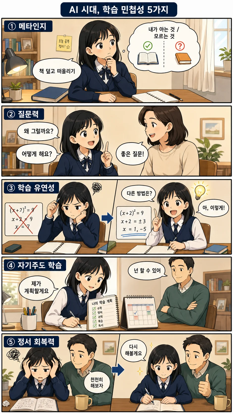 한국 중학교 1학년 여학생이 메타인지, 질문력, 학습 유연성, 자기주도 학습, 정서 회복력을 익히는 과정을 5컷으로 표현한 만화