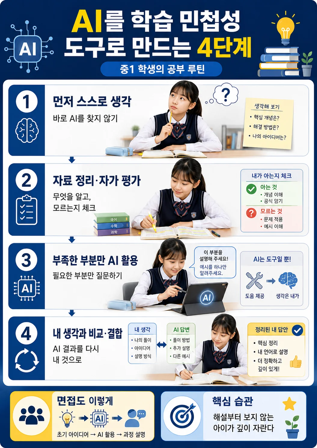 중1 학생이 AI를 바로 쓰지 않고 스스로 생각한 뒤, 자료 정리와 자가 평가를 거쳐 AI 답변을 자기 생각과 결합하는 4단계 인포그래픽
