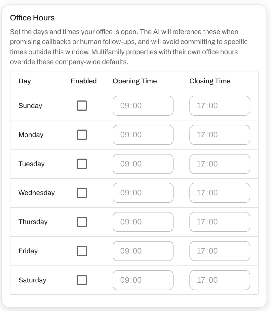 Set office hours and RentEngine AI will reference them when promising callbacks.
