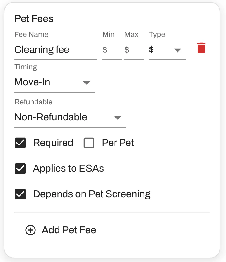 Set a fee range instead of a fixed amount when pet fees depend on screening results