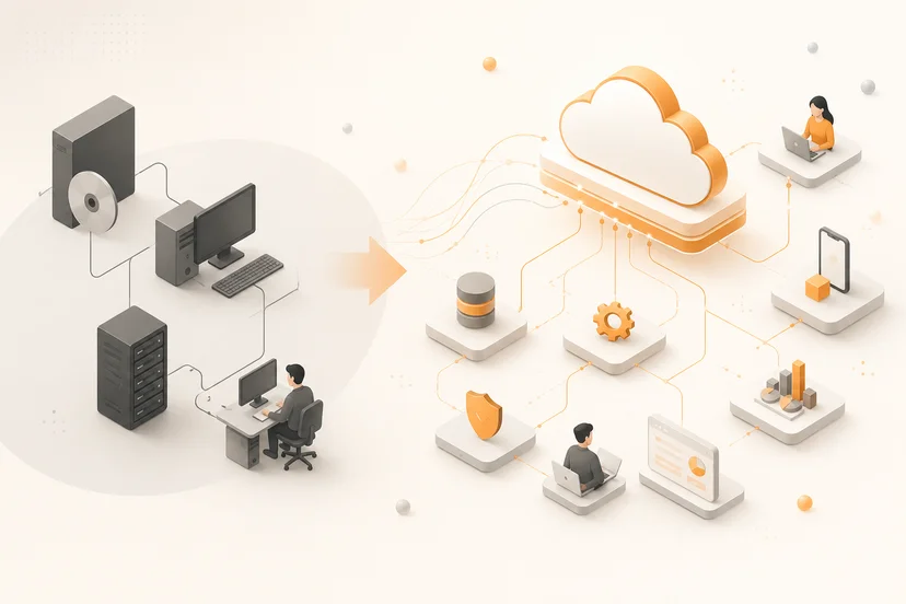 기존 소프트웨어 구매 방식에서 구독형 클라우드 서비스 구조로 변화하는 흐름을 표현한 이미지