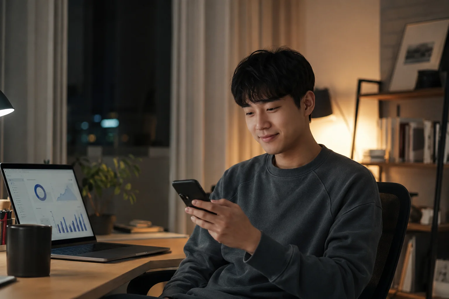 노트북 앞에서 스마트폰으로 부수익을 확인하는 직장인