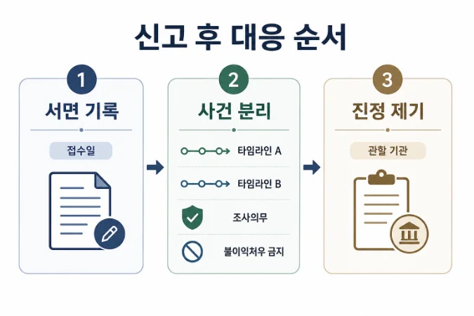 직장내괴롭힘 신고 후 단계별 대응 순서 3단계, 서면 기록 사건 분리 진정 제기