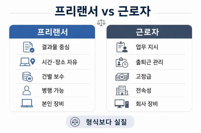 프리랜서와 근로자 판단 기준 비교 다이어그램 - 업무 지시 출퇴근 보수 전속성 비교