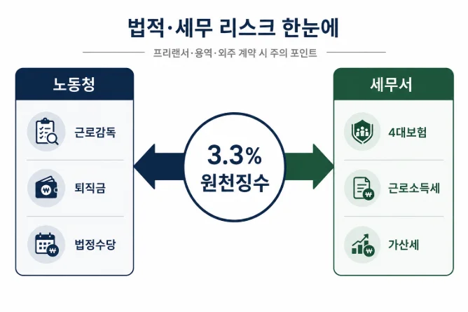 프리랜서 3.3% 원천징수 함정 - 노동청 세무서 동시 조사 추징 구조도