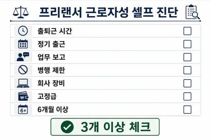 프리랜서 근로자성 셀프 체크리스트 7가지 - 출퇴근 보고 전속성 장비 고정급 진단표