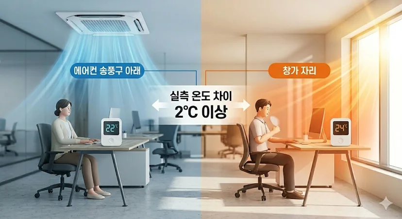 사무실 천장형 에어컨 송풍구 아래 자리와 창가 자리의 실측 온도 차이가 2℃ 이상 발생함을 보여주는 비교 인포그래픽 이미지
