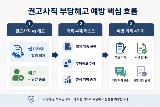 권고사직 부당해고 예방을 위한 기록 세팅 절차 요약 인포그래픽