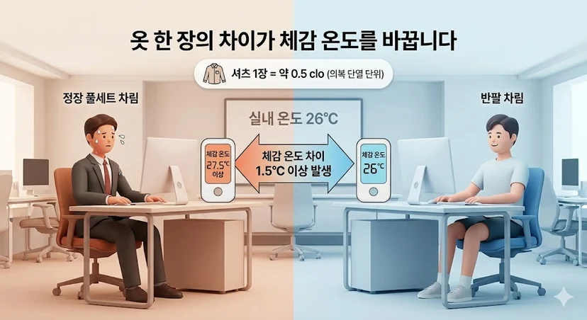 사무실 복장 차이에 따른 체감 온도 비교 인포그래픽. 26°C 실내 환경에서 정장 풀세트와 반팔 차림 간의 체감 온도 차이가 1.5°C 이상 발생함을 보여준다. '셔츠 1장 = 약 0.5 clo'라는 단위 설명 포함
