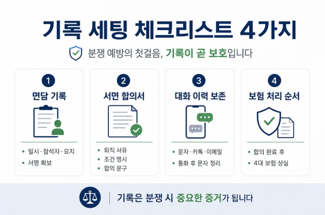 권고사직 부당해고 예방을 위한 기록 세팅 체크리스트 4가지 — 면담 기록, 서면 합의서, 대화 이력 보존, 보험 처리 순서