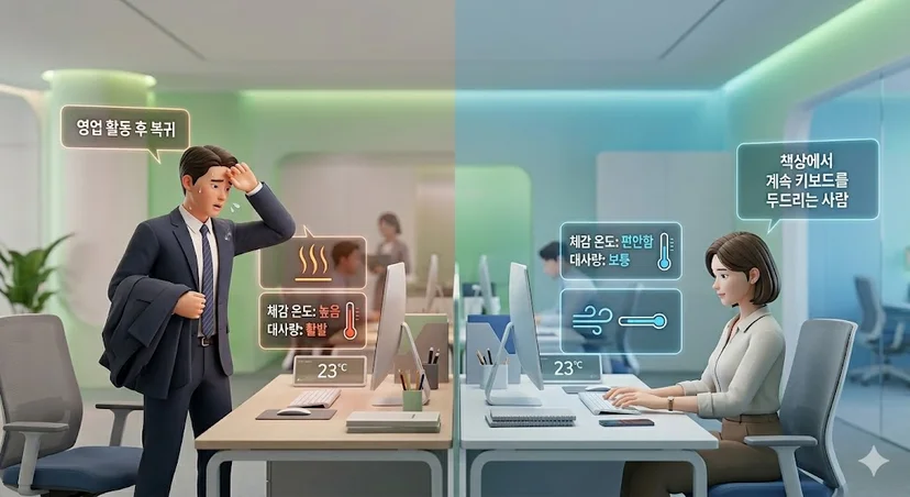사무실 내 활동량 및 대사량 차이에 따른 체감 온도 비교 인포그래픽. 동일한 23°C 온도에서도 영업 복귀자와 데스크 근무자가 느끼는 체감 온도의 차이를 보여준다.