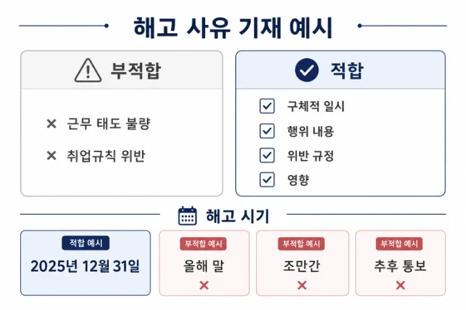 해고 통지서 작성 예시, 해고 사유 적합 기재와 부적합 기재 비교