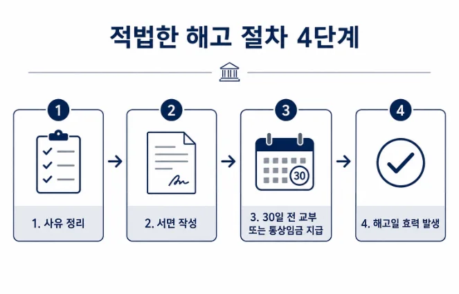 적법한 해고 절차 4단계 흐름도, 해고예고와 서면통지를 한 번에 충족하는 방법