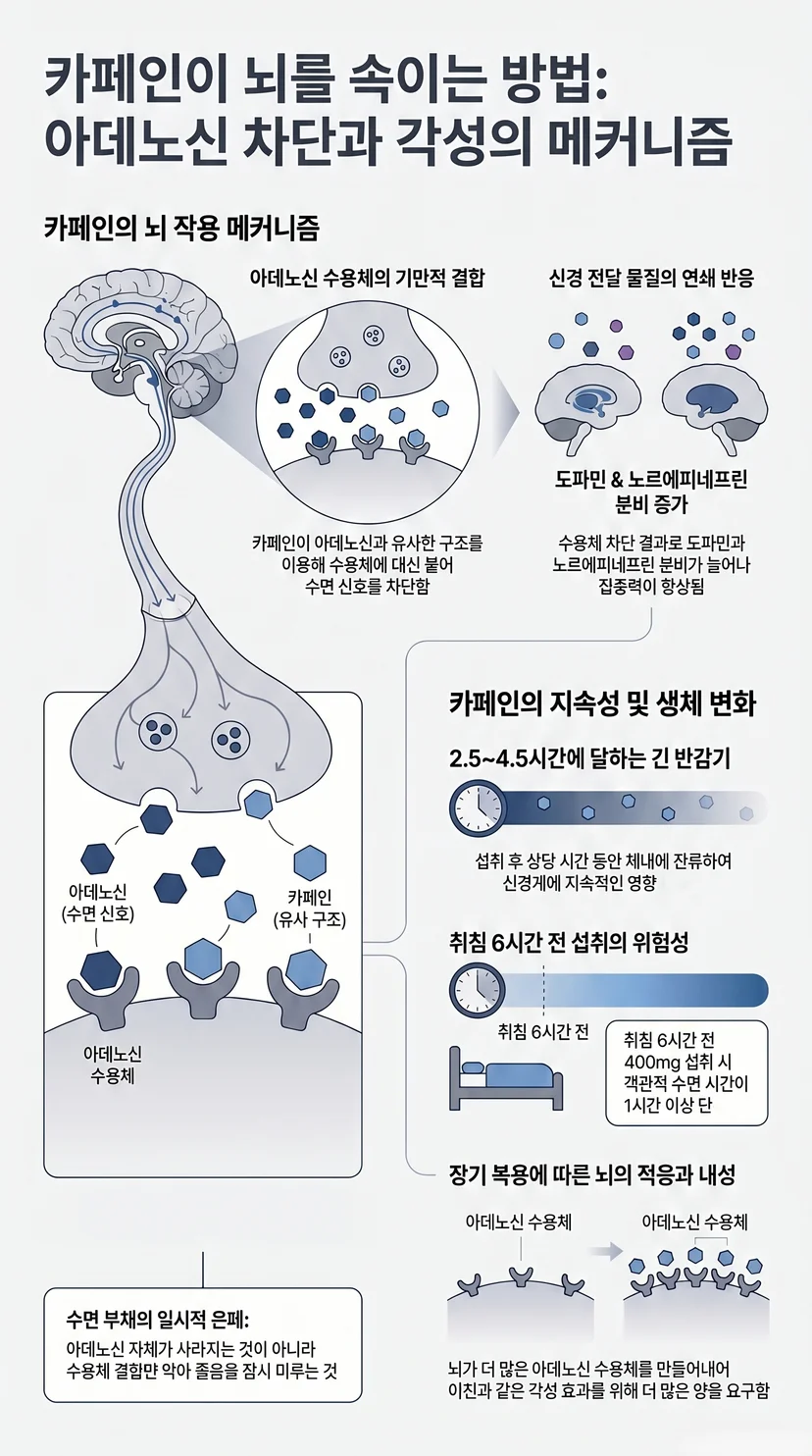 뇌세포 표면의 아데노신 수용체에 피로 물질인 아데노신 대신 구조가 유사한 카페인 분자가 선제적으로 결합한 모습을 묘사한 일러스트