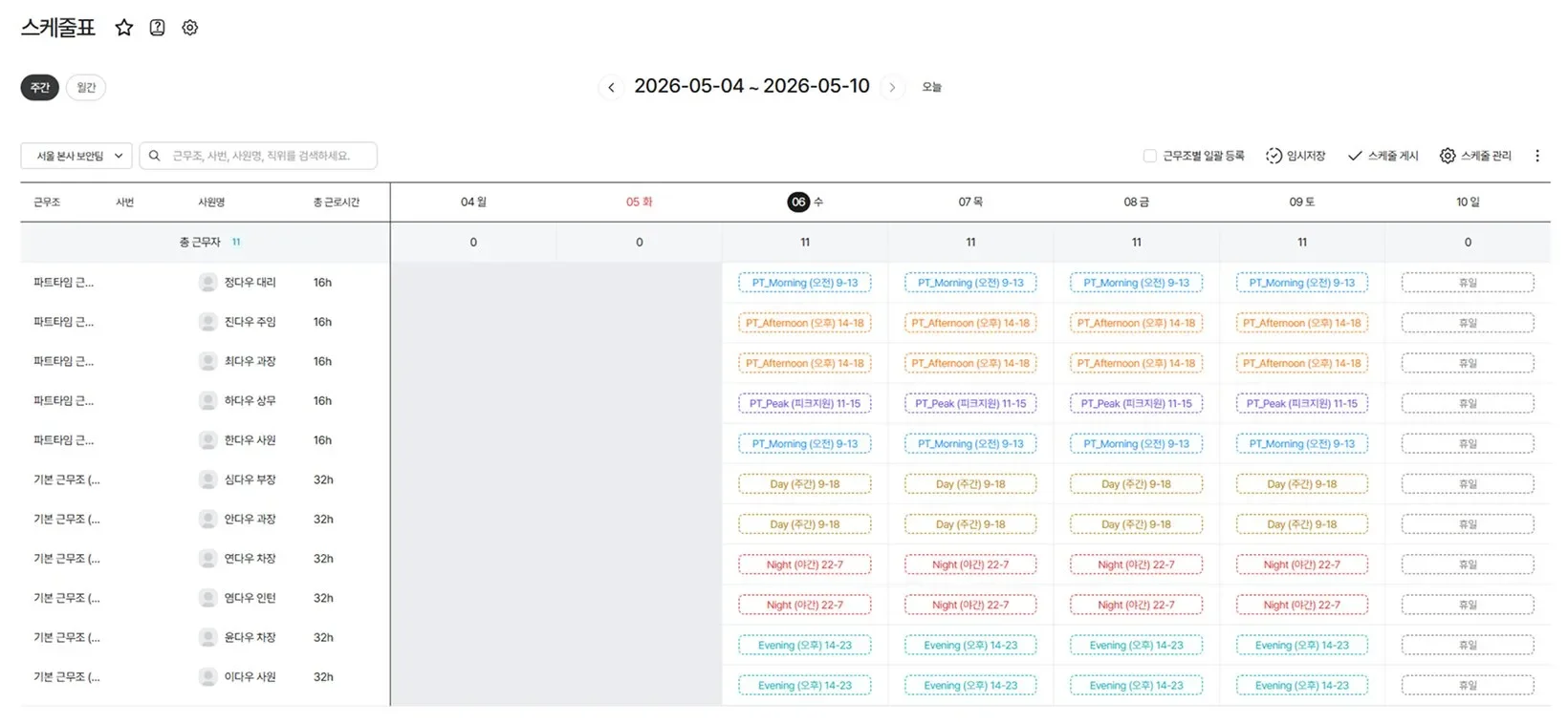 주간 교대근무 스케줄표에서 근무조별 시간대를 확인하는 화면