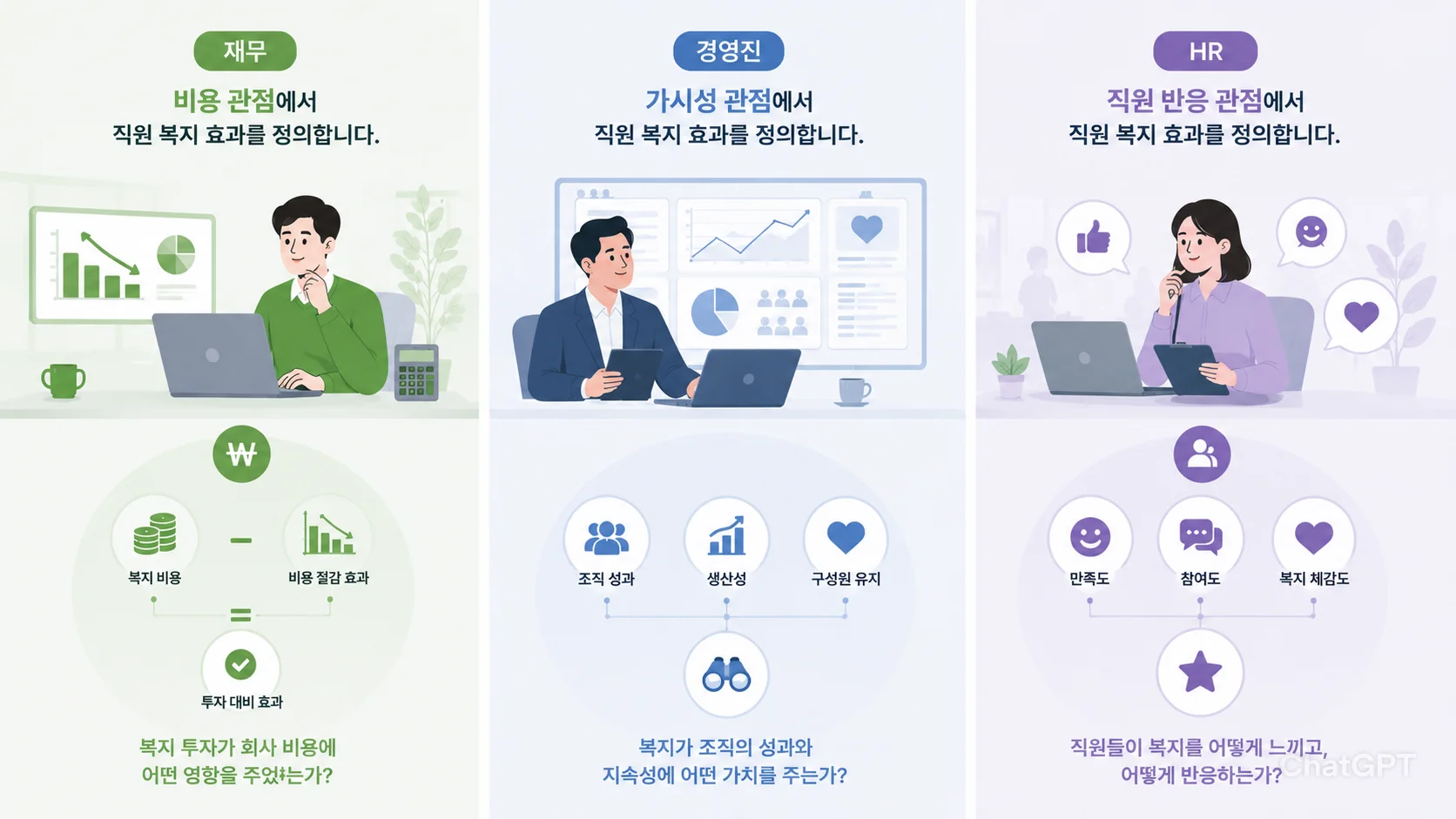 직원 복지 효과에 대한 재무팀, 경영진, HR의 관점 비교