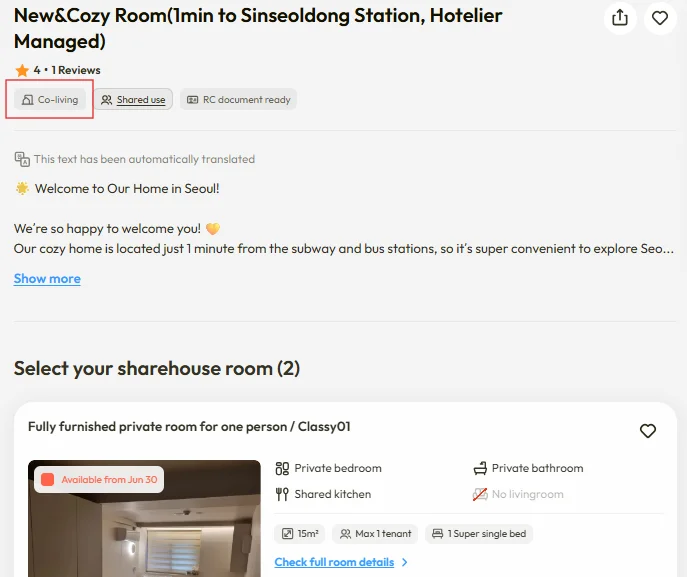 Co-living listings are clearly labeled on Enkostay