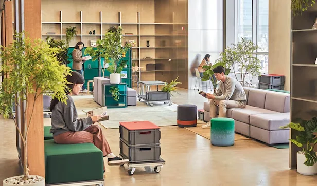 Co-living spaces offer shared lounges for work and relaxation