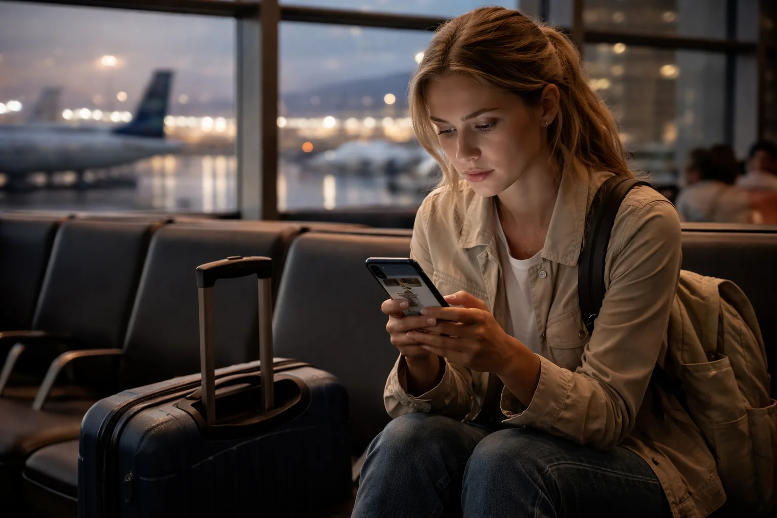 Woman checking housing listing at airport before Korea