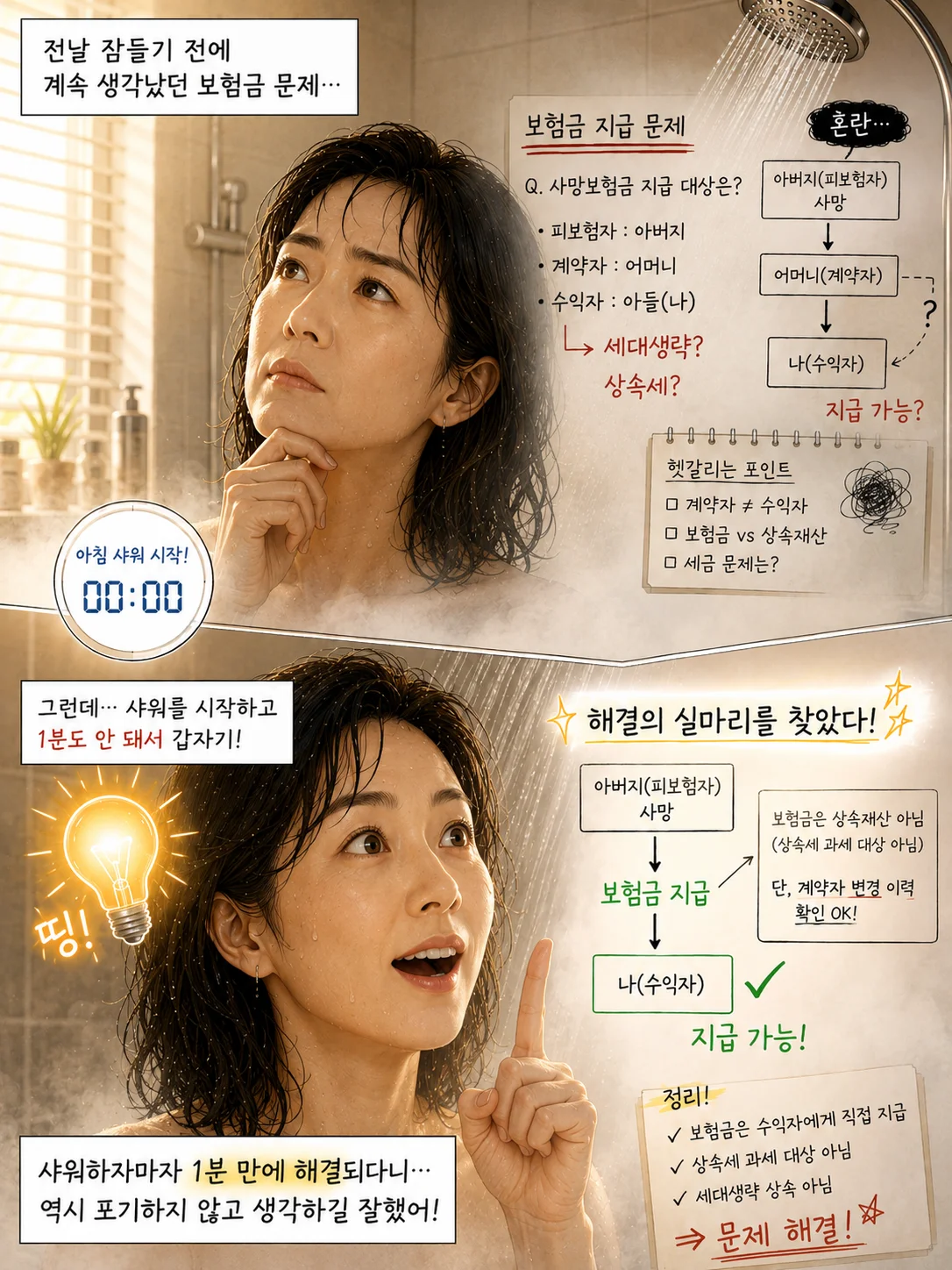 한국의 40대 여성 수험생이 전날 잠들기 전 고민하던 보험금 문제를 아침 샤워 중 떠올리다가, 시작 1분 만에 해결의 실마리를 찾는 장면