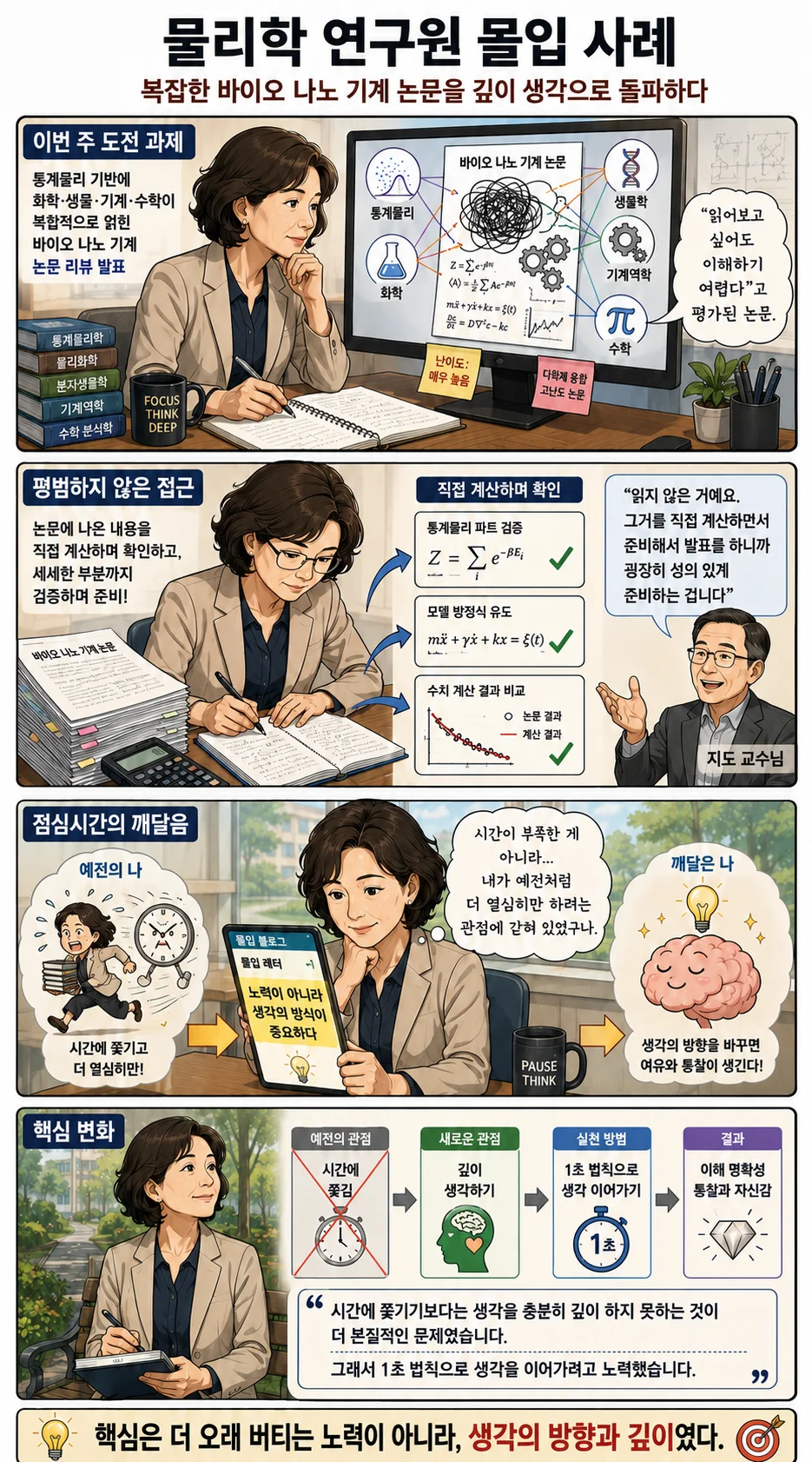 물리학 연구원이 복잡한 바이오 나노 기계 논문을 리뷰 발표하기 위해 직접 계산하며 검증하고, 몰입 레터를 통해 생각의 방식과 깊이의 중요성을 깨닫는 인포그래픽
