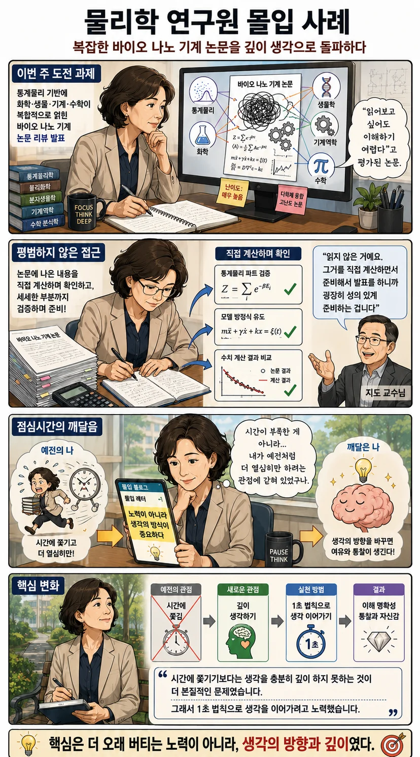 물리학 연구원이 복잡한 바이오 나노 기계 논문을 리뷰 발표하기 위해 직접 계산하며 검증하고, 몰입 레터를 통해 생각의 방식과 깊이의 중요성을 깨닫는 인포그래픽