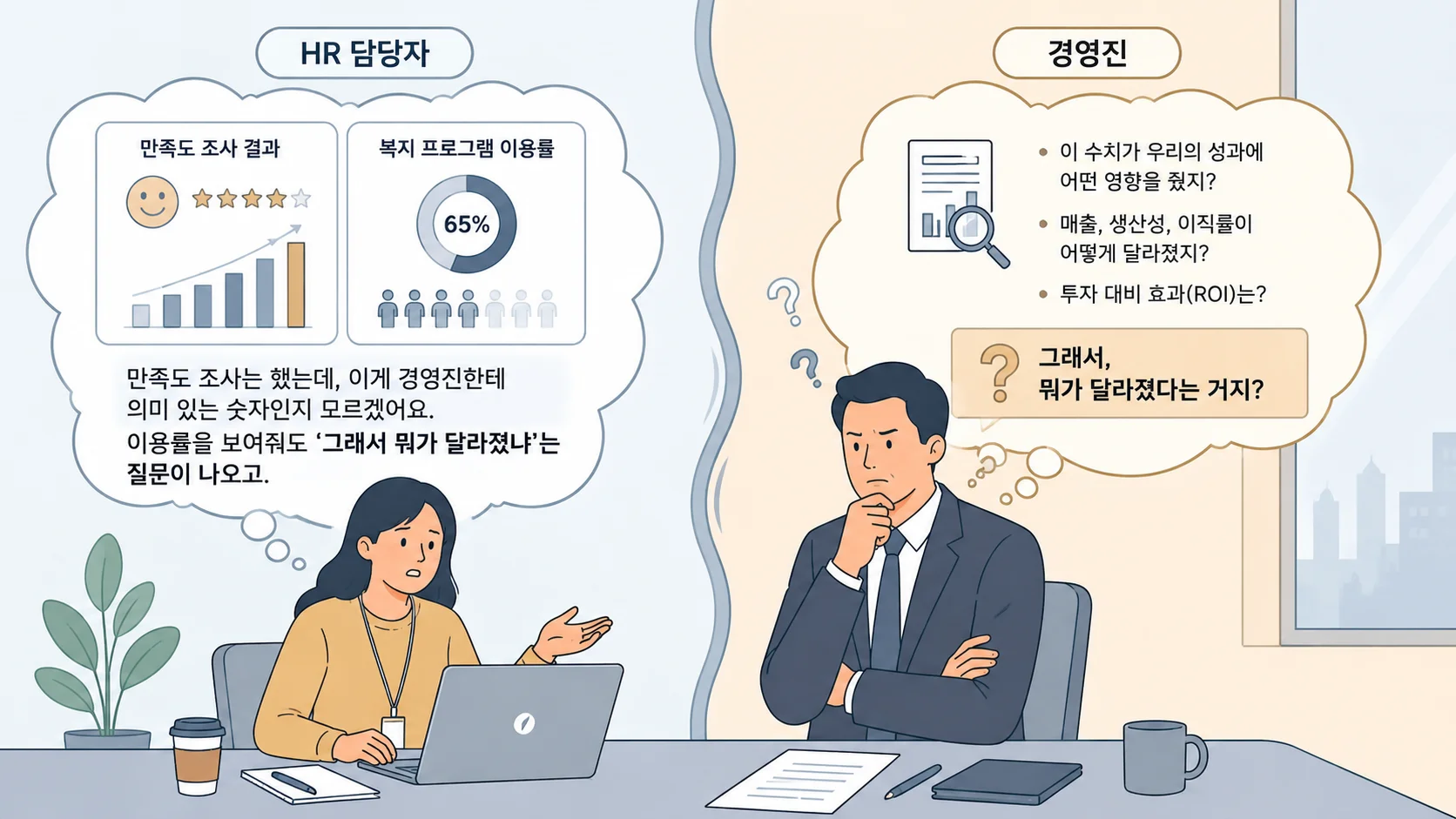 복지 효과 측정에 대한 HR 담당자와 경영진의 의견 차이