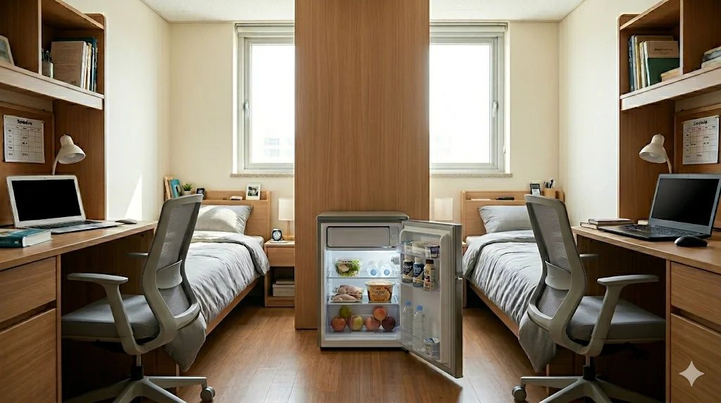 Korean dormitory room with shared mini fridge between beds