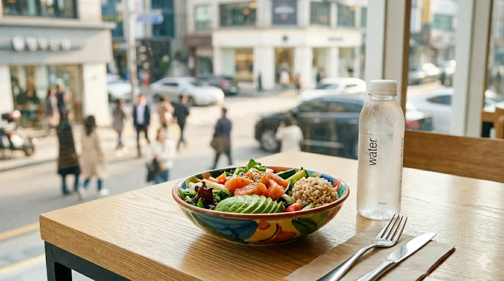 Fresh salmon salad bowl at Seoul café window seat