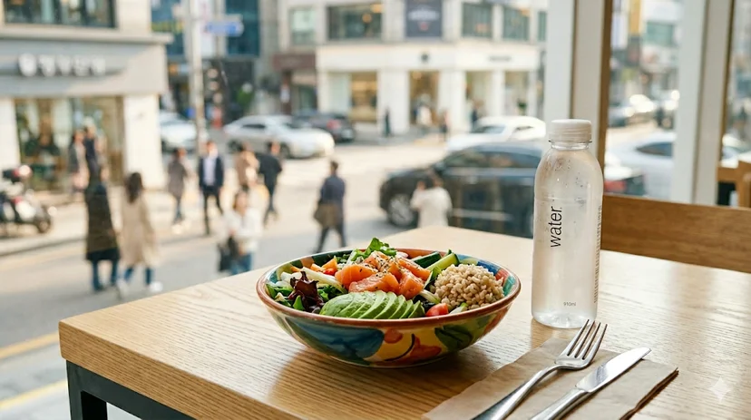 Fresh salmon salad bowl at Seoul café window seat