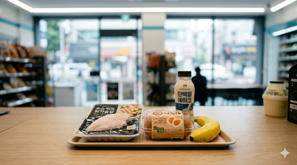 Korean convenience store healthy food tray with protein shake