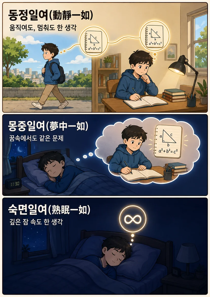 3단 만화 형식의 교육용 이미지. 첫째 줄은 동정일여(動靜一如)로, 한 학생이 길을 걸을 때도 책상에 앉아 공부할 때도 같은 수학 문제를 떠올리는 모습이 그려져 있다. 둘째 줄은 몽중일여(夢中一如)로, 학생이 잠든 상태에서도 꿈속에서 같은 문제를 계속 푸는 장면이 표현되어 있다. 셋째 줄은 숙면일여(熟眠一如)로, 깊이 잠든 학생 머리 위에 하나로 통일된 생각을 상징하는 빛나는 기호가 떠 있어, 깊은 잠 속에서도 한 생각이 이어지는 상태를 보여준다.