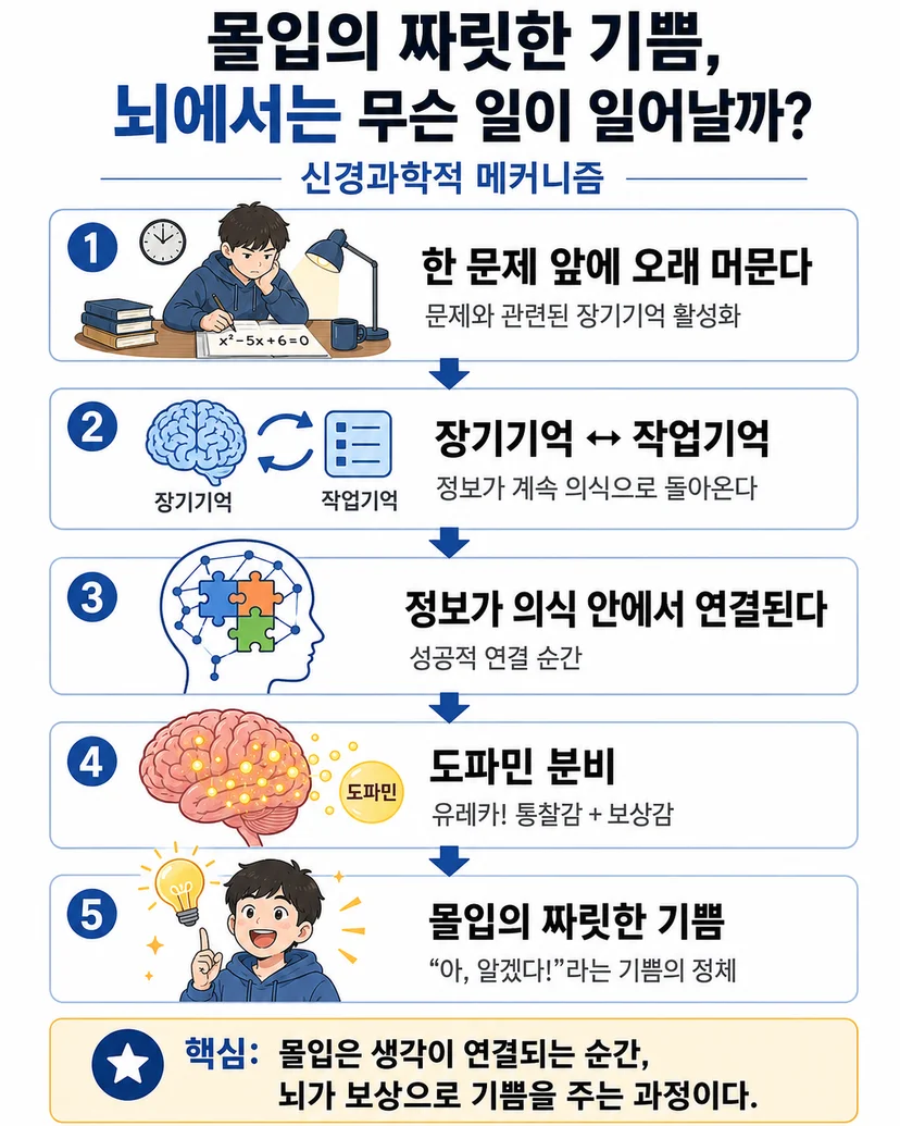 '몰입의 짜릿한 기쁨, 뇌에서는 무슨 일이 일어날까?'라는 제목 아래, 몰입이 일어나는 신경과학적 메커니즘을 5단계 순서도로 설명하는 인포그래픽입니다