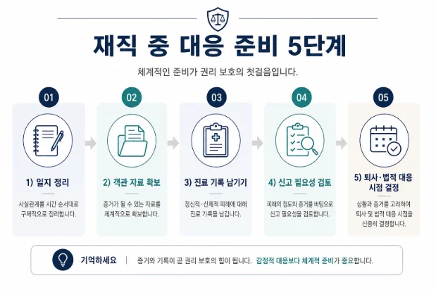 재직 중 직장내괴롭힘 대응 준비 5단계 - 일지정리 증거확보 진료기록 신고검토 퇴사시점결정