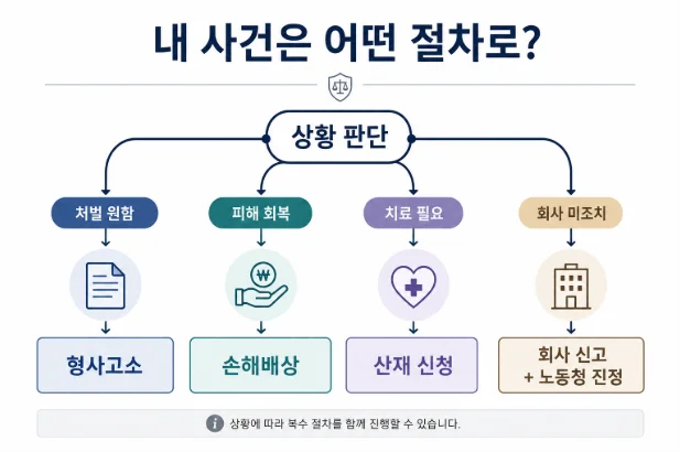 직장내괴롭힘 대응 방법 의사결정 다이어그램 - 형사고소 손해배상 산재 노동청진정 선택 가이드