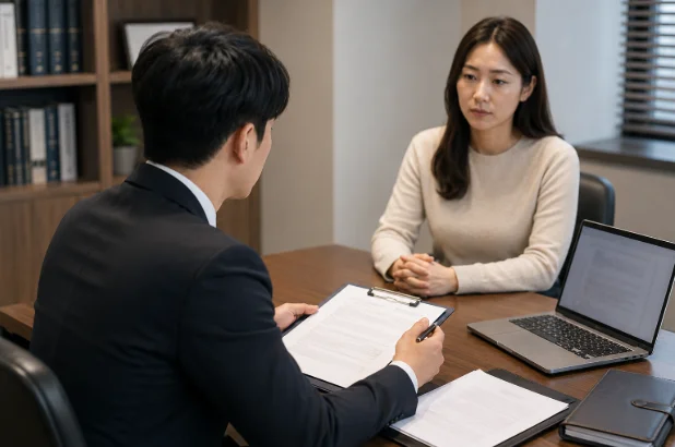 퇴사 후 직장내괴롭힘 고소 가능성을 변호사와 상담하는 한국 법률사무소 상담 장면