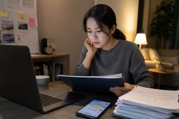 퇴사 후 직장내괴롭힘 피해 자료와 메시지를 확인하며 법적 대응을 고민하는 모습