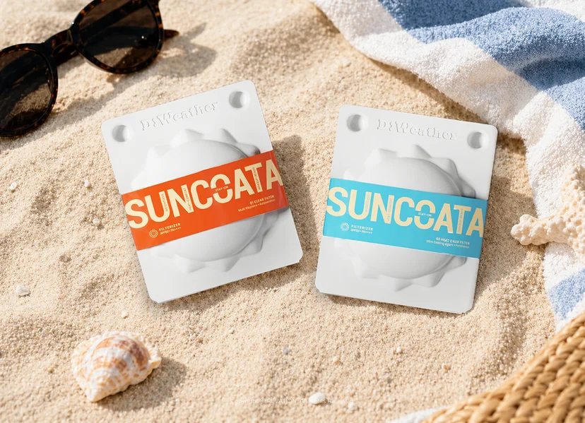 리스튜디오가 제작한 페이퍼몰드 기반 D:Weather(디웨더) SUNCOATA SUN BLOCK PACKAGING(선코타 선블록 패키지)