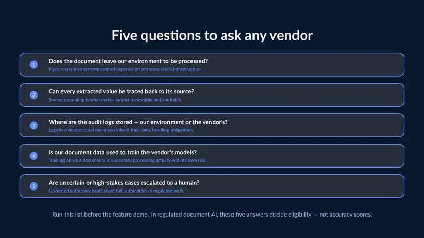 Security checklist for evaluating document AI: data residency, source traceability, audit logs, training use, and human escalation