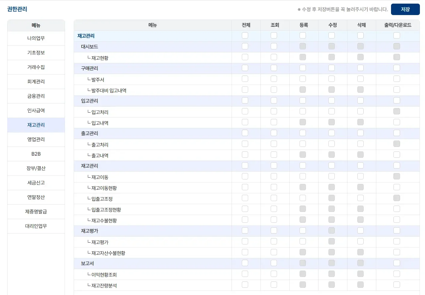 퇴사자 계정 관리 및 인수인계를 위해 발주, 입고, 출고, 재고 이동 등 메뉴별 접근 및 출력 권한을 세부 설정하는 파로스 ERP 권한 관리 화면