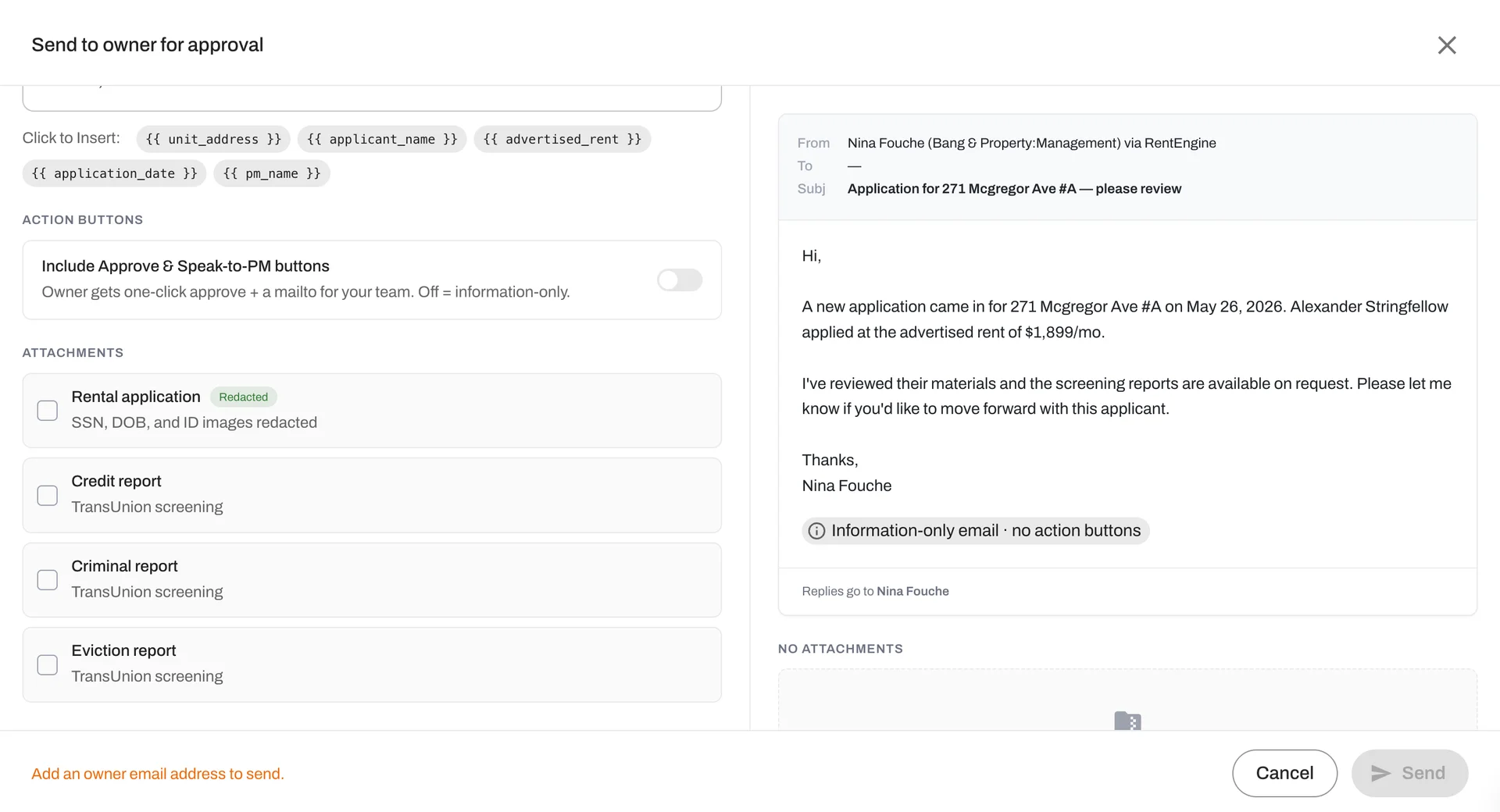 Send application summary packages to owners for review and approval, directly from RentEngine.