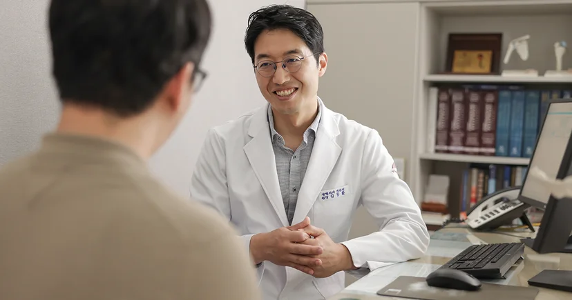 진료실에서 환자와 상담 중인 더프라우병원의 정형외과 전문의 김동환 원장