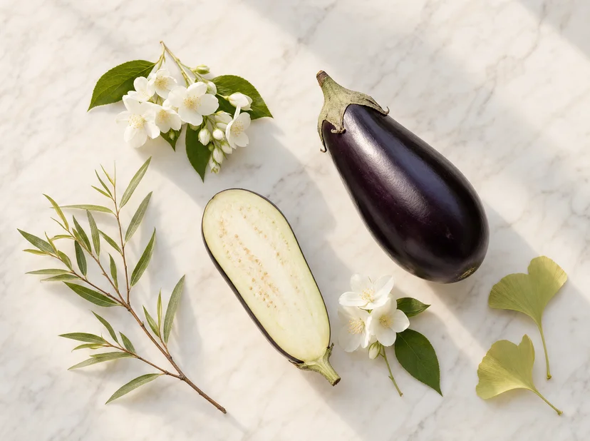 Flatlay of key plant-based skincare ingredients on a marble surface — whole and halved eggplant, jasmine flowers with leaves, a willow branch, and ginkgo leaves