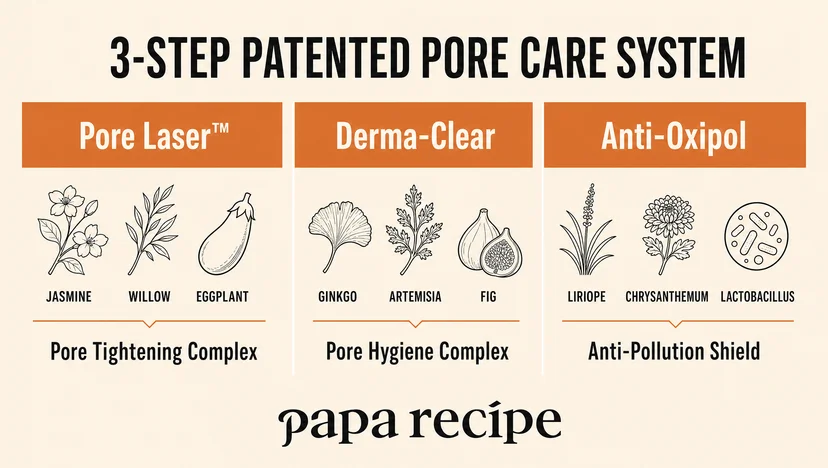 Infographic titled "3-Step Patented Pore Care System" by Papa Recipe, showing three complexes in a horizontal grid — Pore Laser™ (jasmine, willow, eggplant) for pore tightening, Derma-Clear (ginkgo, artemisia, fig) for pore hygiene, and Anti-Oxipol (liriope, chrysanthemum, lactobacillus) as an anti-pollution shield, each with botanical line illustrations