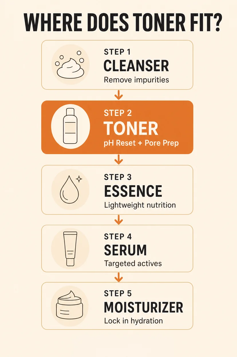 Infographic titled "Where Does Toner Fit?" showing a 5-step skincare routine — Step 1 Cleanser (remove impurities), Step 2 Toner highlighted in orange (pH Reset + Pore Prep), Step 3 Essence (lightweight nutrition), Step 4 Serum (targeted actives), Step 5 Moisturizer (lock in hydration)