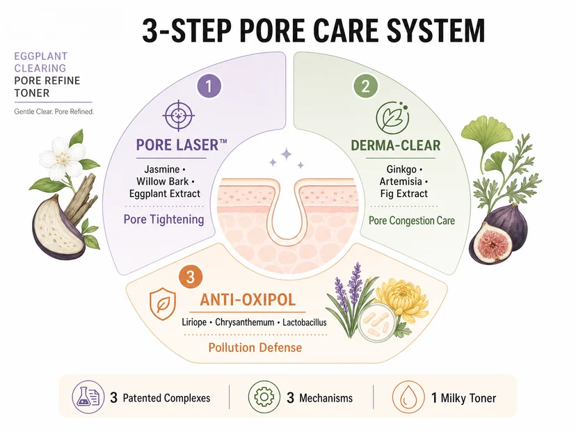 Infographic titled "3-Step Pore Care System" for the Papa Recipe Eggplant Clearing Pore Refine Toner, showing three patented complexes in a circular diagram around a cross-section of a pore — Pore Laser™ (jasmine, willow bark, eggplant extract) for pore tightening, Derma-Clear (ginkgo, artemisia, fig extract) for pore congestion care, and Anti-Oxipol (liriope, chrysanthemum, lactobacillus) for pollution defense, with botanical illustrations of each ingredient group